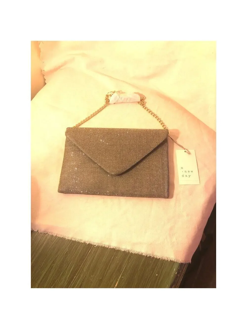 A New Day NWT Women's Multicolor Glitter Iridescent Envelope Clutch Chain Strap